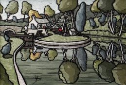 ALAN WILLIAMS acrylic on canvas - canal with lock keeper's cottage & figure, entitled verso 'Lock