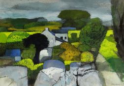 JOHN ELWYN acrylic on board - whitewashed farmhouse with outbuildings amongst trees with lane &