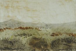 JOHN KNAPP FISHER watercolour - landscape with distant hills, signed & dated 1977, 11.5 x 16cms
