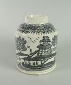 A SWANSEA POTTERY TEA-CADDY of cylindrical form with narrow neck, printed with Chinoiserie transfer,