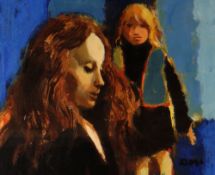 DONALD McINTYRE oil on board - two young long haired girls, signed with initials, 20 x 24.5cms