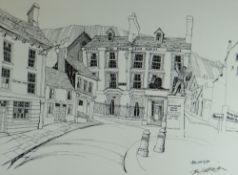 TOM HUTCHINSON monochrome print - study of Aberdare town centre, entitled 'Aberdare', signed fully