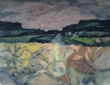 JOHN ELWYN gouache - landscape with distant farm entitled 'Late August Evening Light', signed, 33