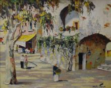 CECIL ROCHFORT D'OYLY JOHN oil on canvas - continental street scene with figures entitled verso '