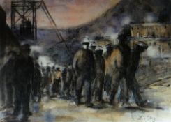 VALERIE GANZ pastel & watercolour - mining figures walking away from the winding gear (Six Bells Co