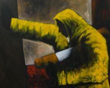 JAMES DONOVAN acrylic on board - working figure in yellow waterproof coat holding traffic cone