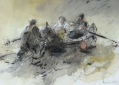 WILLIAM SELWYN mixed media - three figures & a rowing boat, entitled verso 'The Launch', signed,