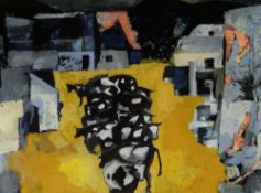 JOHN ELWYN gouache - farmstead with cattle, entitled verso 'The Herd' with artist's address, signed,