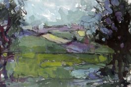 ANDREW HENDERSON (1930-2017) oil on paper - purple landscape with hawthorns entitled 'Purple