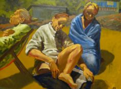 KEVIN SINNOTT oil on canvas - large exhibition quality scene with three figures relaxing on the
