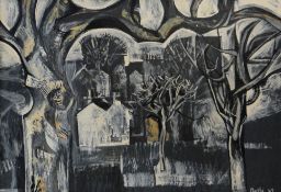 ROY OSTLE oil on board - semi-abstract landscape with trees & houses, signed & dated 1962, 70 x