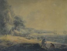 WILLIAM PAYNE (1760-1830) watercolour - busy beach scene with fishermen mending nets, cottage,