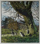 ADRIAN METCALFE limited edition (16/22) coloured woodcut - landscape with neolithic standing