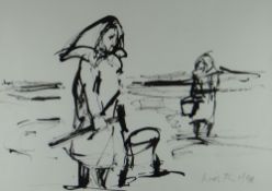WILL ROBERTS ink wash - two cockle picking ladies at work, entitled verso 'Cockle Pickers', signed &