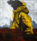 JAMES DONOVAN oil on board - working figure in yellow rain jacket carrying equipment while looking