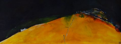 DEWI TUDUR mixed media - yellow hill with cottage under dark sky, entitled verso on Martin Tinney