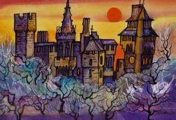 DORIAN SPENCER DAVIES watercolour - Cardiff Castle under a red sun, entitled verso 'Winter Castle,