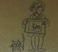 SIR KYFFIN WILLIAMS RA pencil on brown paper - self-portrait caricature holding a drawing and with