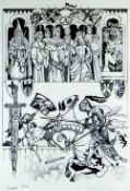 MARGARET JONES pen & ink - Arts & Crafts-style detailed drawing of a jousting competition with a