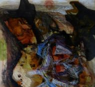 LESLIE MOORE mixed media on paper - coastal scene with sunset, entitled verso 'Sunset Gower