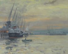 ROBIN DUDLEY BAILEY watercolour - ships in Cardiff docks at sunset, monogrammed, 21 x 26cms