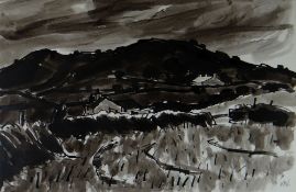 SIR KYFFIN WILLIAMS ink wash - landscape with hills in the Clwydion Range with cottages, entitled