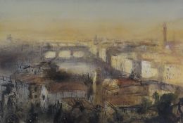 WILLIAM SELWYN mixed media - fine study of the Arno through Florence at sunset, entitled verso on