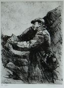 DAVID CARPANINI limited edition (8/10) etching - portrait of Sir Kyffin Williams sketching en pleine