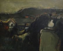 WILL ROBERTS oil on canvas - landscape with dwellings & distant hill entitled verso 'Tynywaun',