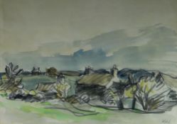 SIR KYFFIN WILLIAMS RA watercolour and pencil - cottages and trees in a landscape, signed with