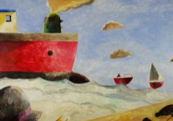 EMRYS WILLIAMS acrylic on paper - nautical theme with large ship & two smaller vessels, entitled