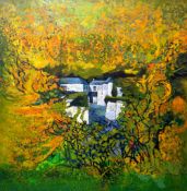 JOHN ELWYN oil on canvas - white washed farm viewed from amongst undergrowth, entitled verso on