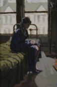 J MAY oil on board - interior scene with figure in dressing gown seated on a wrought iron bed,