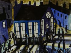 KARL DAVIES watercolour - chapel at night with numerous figures walking the streets, signed with