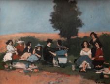 ANDREW VICARI oil on board - figures enjoying themselves in a landscape, entitled on label verso '