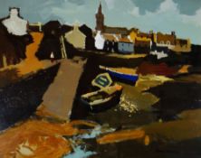 DONALD McINTYRE acrylic - unknown fishing village with church & single figure on the harbour side,