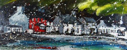 CARYS BRYN oil on canvas in box frame - row of colourful seaside cottages and pub in Llyn Peninsula,