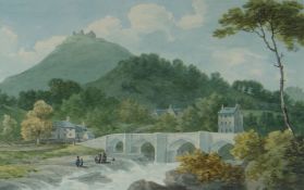 JOHN WARWICK SMITH watercolour - Llangollen bridge with figures on a nearby bank & Castell Dinas