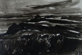 SIR KYFFIN WILLIAMS RA inkwash - Bristol Channel coastal scene South Wales with three grazing
