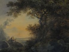 WILLIAM PAYNE (1760-1830) watercolour - two figures on horseback on a bridge with trees, entitled