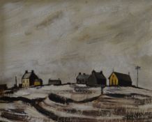 JACK JONES oil on board - small cluster of cottages and telegraph poles upon a hill, entitled