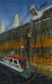GRAHAM BROOKS watercolour - maritime scene with figure climbing ladder to board ship from pilot