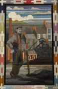 LOUISE MORLAND welsh wool on canvas - depiction of a standing miner in waistcoat with axe &