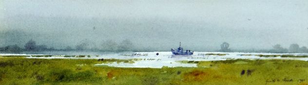 GARETH THOMAS watercolour - shoreline with small fishing boat, signed & dated 1990, 7 x 23cms