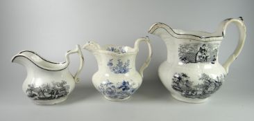 THREE BAKER BEVANS & IRWIN PERIOD SWANSEA POUCH JUGS two of lobed form with moulded scrolling and