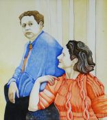 J HAINES watercolour - illustration of Dylan Thomas & his wife Caitlin relaxing, signed & dated