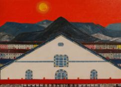 JOHN F COOPER acrylic on canvas - South Wales Valley Welsh chapel with terraced houses & mountains