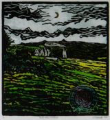ADRIAN METCALFE colour limited edition (3/10) woodcut - landscape with standing stones entitled '
