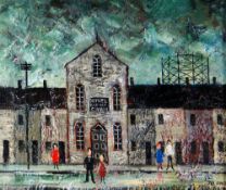 JACK JONES oil on board - street scene with chapel & five facing figures, entitled verso on old