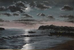 BRIAN WILLIAMS oil on canvas - Cardiff Bay at night before the redevelopment with fisherman